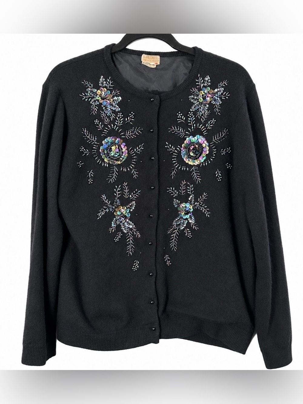 Vintage Woman's Lambswool Angora Black Cardigan With Beads & Sequins